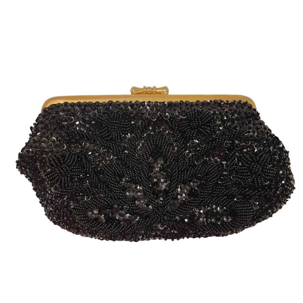 Vintage Black Beaded & Sequin Gold Trim Small Clutch Purse-party- wedding